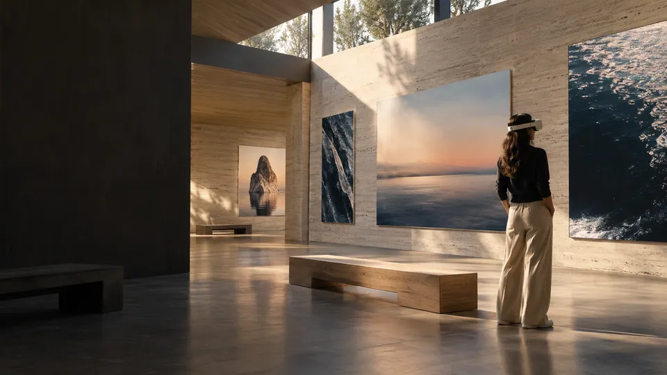 Escena conceptual de una exposición de fotografías a gran escala con una visitante que lleva visor.