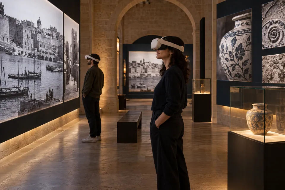 Escena conceptual de visitantes con visores en un museo, entre imágenes históricas, detalles de cerámica y una pieza en vitrina.